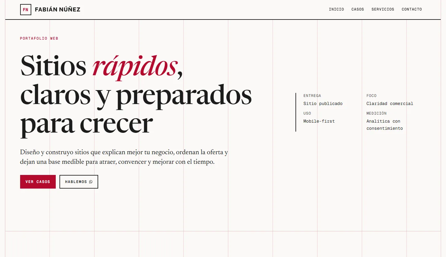 Portfolio fnunez.cl con estructura editorial, casos y servicios web