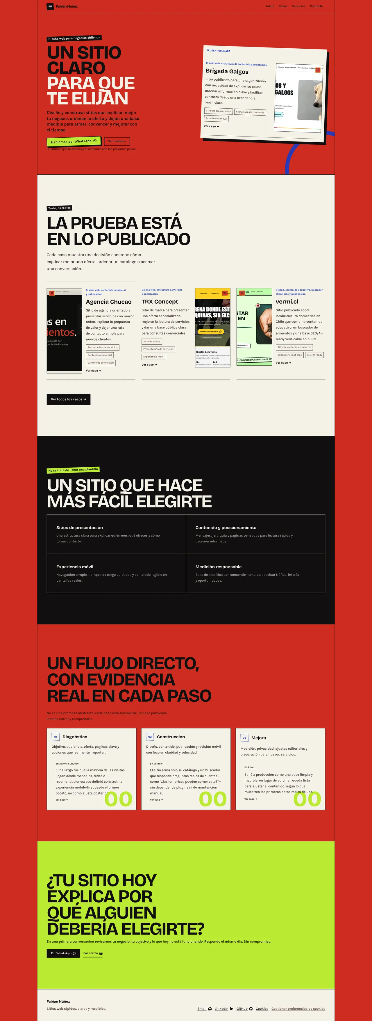 Portfolio fnunez.cl con estructura editorial, casos y servicios web